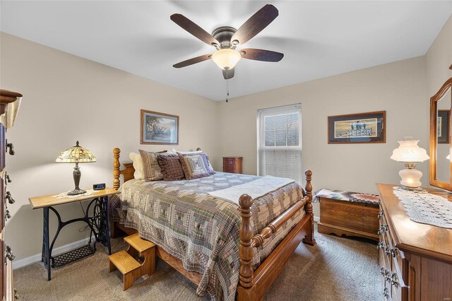 bedroom with ceiling fan and dark carpet