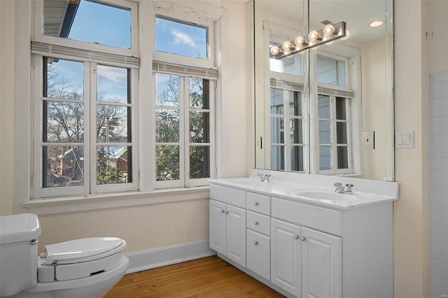 bathroom with vanity, toilet, and hardwood / wood-style floors