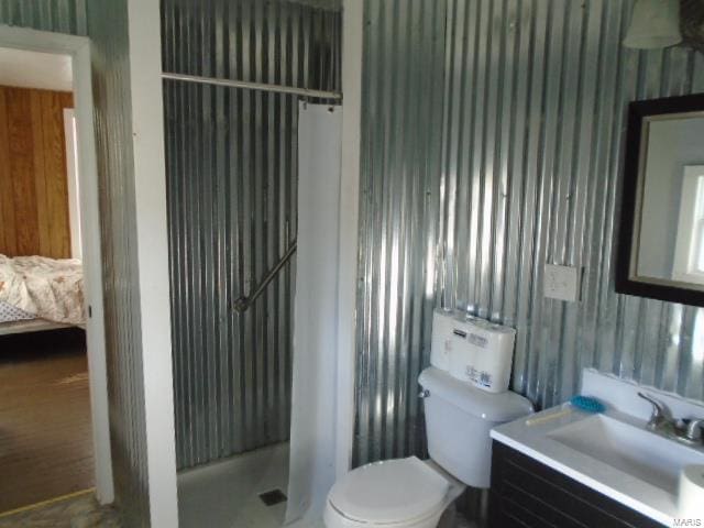 bathroom with vanity, toilet, and walk in shower