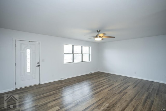 entryway featuring ceiling fan and dark hardwood / wood-style floors