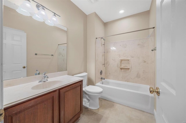 full bathroom featuring tile patterned floors, vanity, toilet, and tiled shower / bath