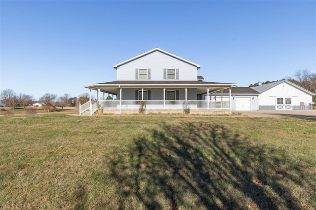 farmhouse-style home with a front yard, a porch, and a garage