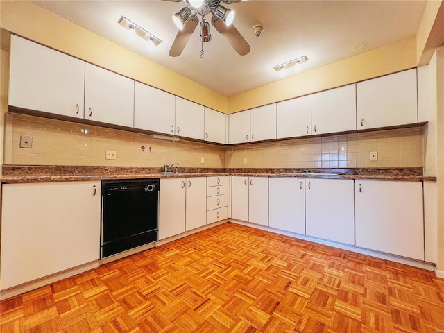 kitchen with white cabinets, ceiling fan, decorative backsplash, black dishwasher, and light parquet flooring