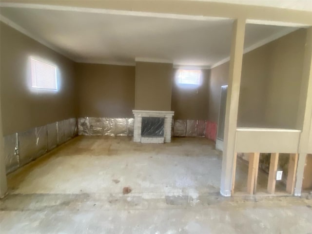 basement featuring a fireplace