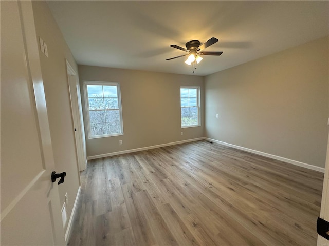 spare room with ceiling fan, a healthy amount of sunlight, and light wood-type flooring