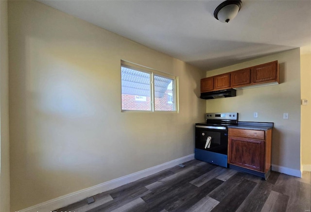 kitchen with electric range and dark wood-type flooring