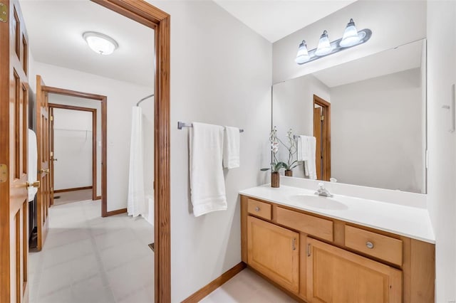 bathroom with vanity and shower / bathtub combination with curtain