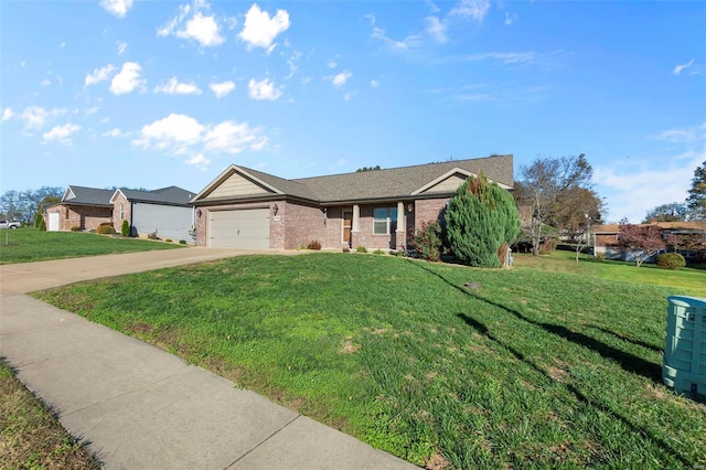 ranch-style house with a garage and a front yard