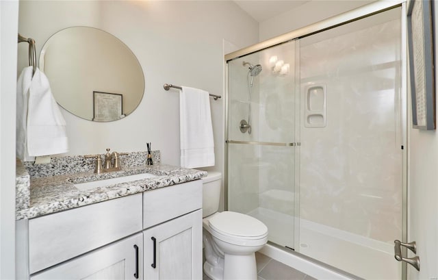 bathroom featuring tile patterned flooring, vanity, toilet, and an enclosed shower