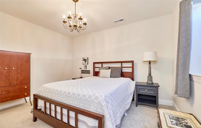 carpeted bedroom with a notable chandelier