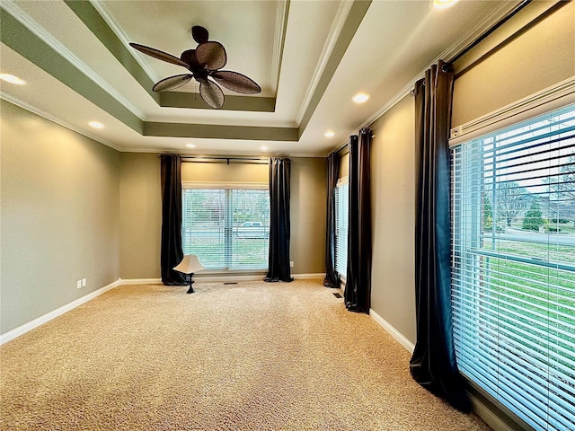 interior space with light carpet, plenty of natural light, and ornamental molding