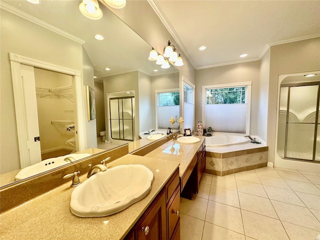 full bathroom featuring tile patterned floors, independent shower and bath, and ornamental molding