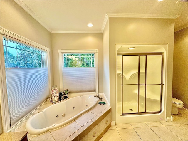 bathroom with tile patterned floors, a healthy amount of sunlight, and ornamental molding