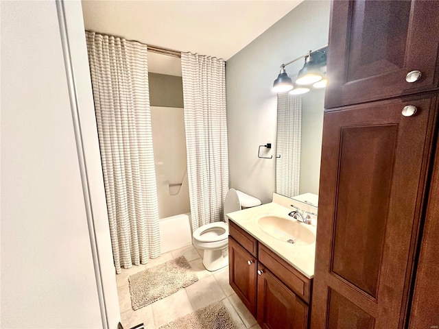 full bathroom with toilet, shower / tub combo, vanity, and tile patterned floors