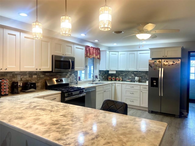 kitchen with hanging light fixtures, hardwood / wood-style floors, stainless steel appliances, and plenty of natural light