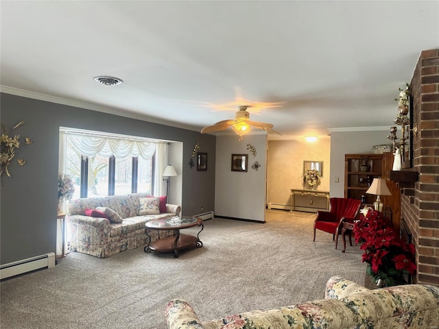 carpeted living room featuring ceiling fan, a fireplace, crown molding, and a baseboard radiator