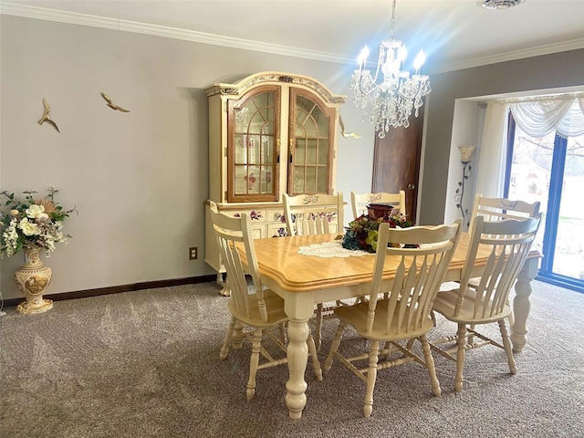 carpeted dining space featuring a notable chandelier and crown molding