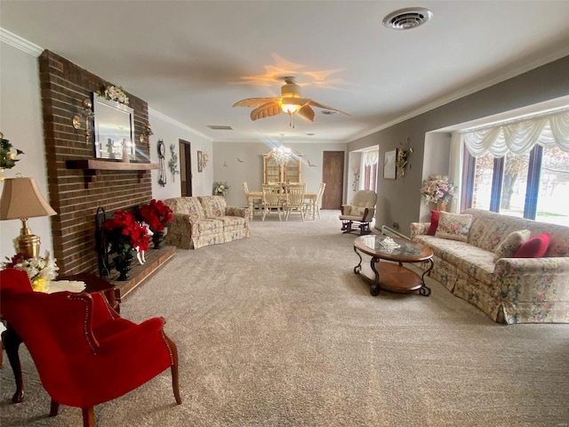 living room featuring carpet, a fireplace, ceiling fan, and crown molding