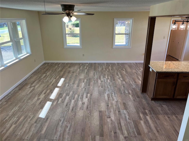 unfurnished dining area with ceiling fan, plenty of natural light, a textured ceiling, and hardwood / wood-style flooring