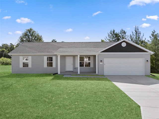 single story home featuring a porch, a garage, and a front lawn