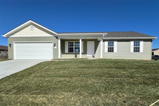 ranch-style house with a front yard and a garage