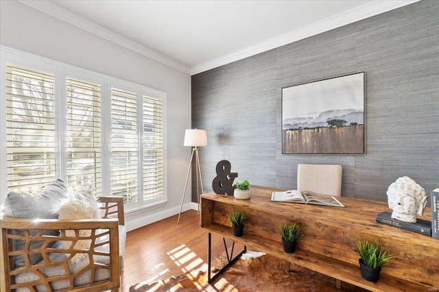 office with hardwood / wood-style floors and ornamental molding