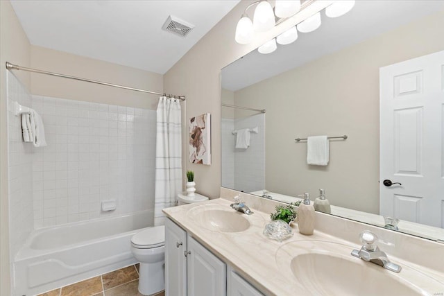 full bathroom featuring tile patterned flooring, vanity, shower / bathtub combination with curtain, and toilet