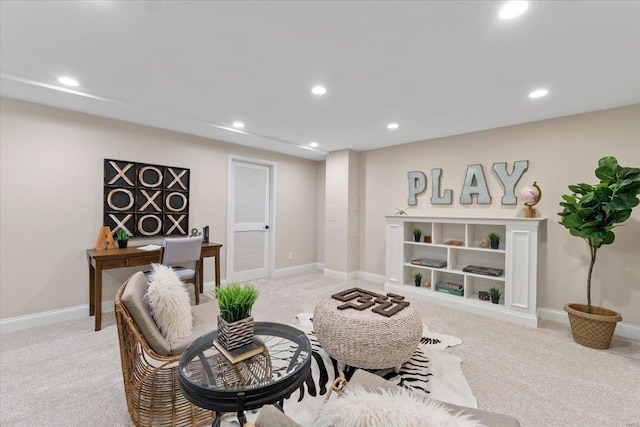 sitting room with light colored carpet