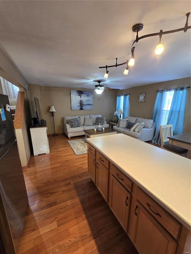 kitchen featuring light wood-type flooring, ceiling fan, and track lighting