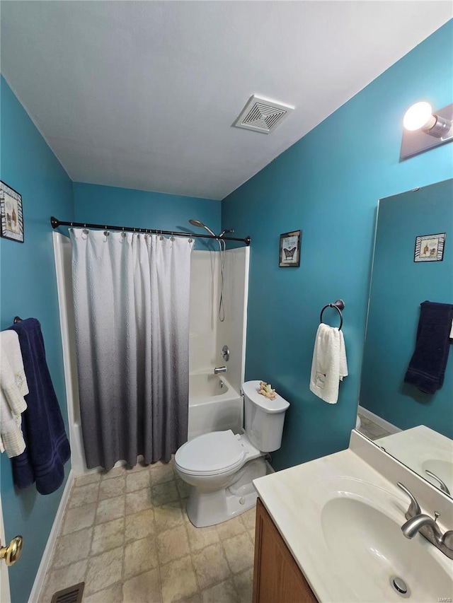 full bathroom featuring toilet, shower / bath combo, and vanity