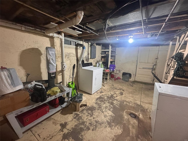 basement with washer and dryer and electric panel