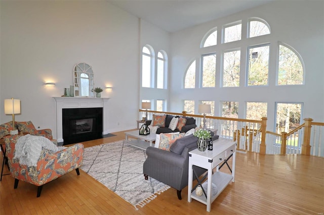 living room featuring a towering ceiling and light wood-type flooring