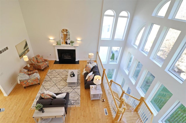 living room featuring plenty of natural light and a high ceiling