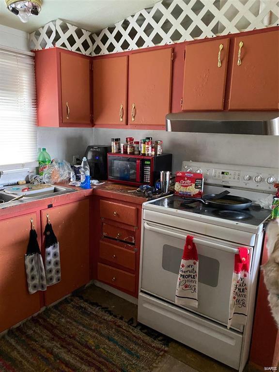 kitchen with sink, exhaust hood, and white electric range