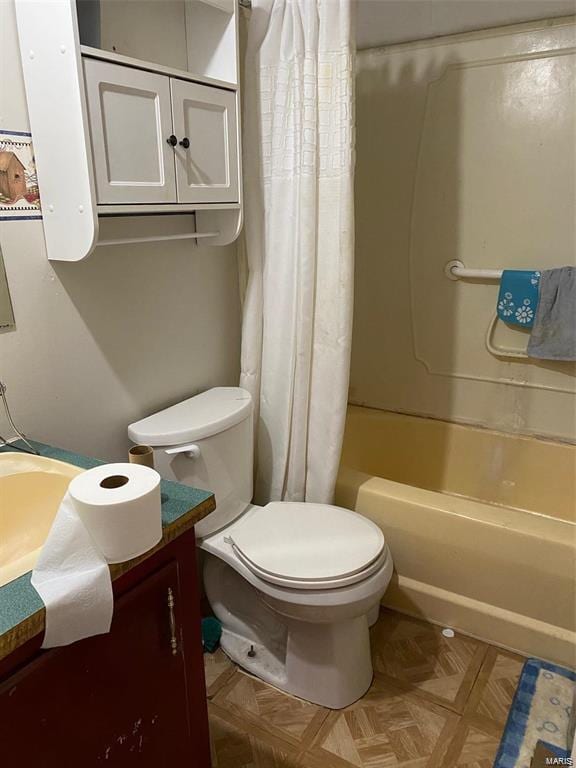 full bathroom with toilet, vanity, shower / bath combo, and parquet flooring