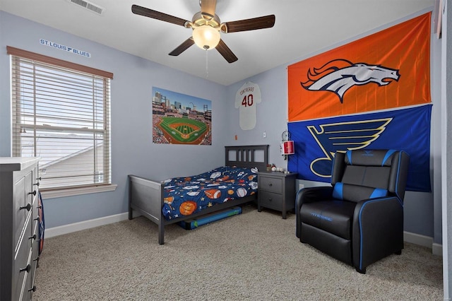 bedroom featuring ceiling fan and carpet floors