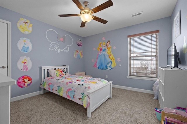 carpeted bedroom with ceiling fan