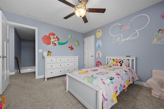 carpeted bedroom with ceiling fan