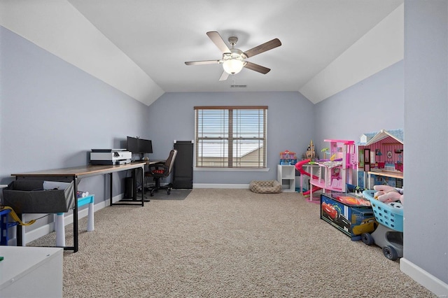 carpeted office space featuring ceiling fan and lofted ceiling