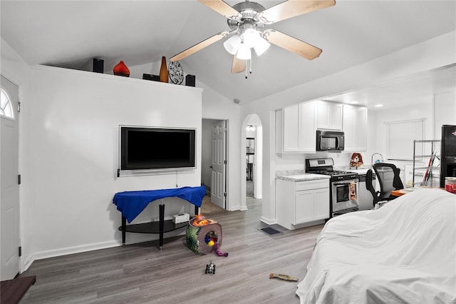 interior space with ceiling fan, lofted ceiling, and light hardwood / wood-style flooring