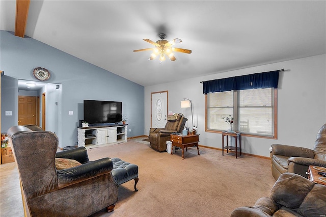 living room with baseboards, carpet flooring, vaulted ceiling with beams, and ceiling fan