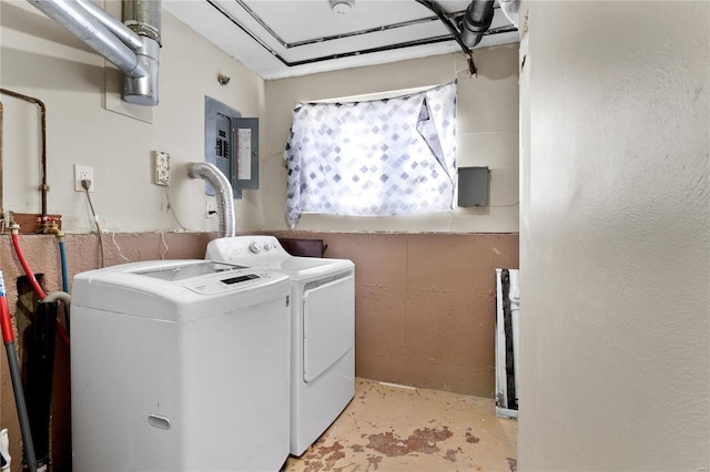 laundry room featuring electric panel and washing machine and clothes dryer