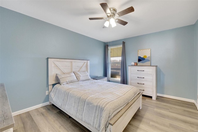 bedroom featuring ceiling fan and light wood-type flooring