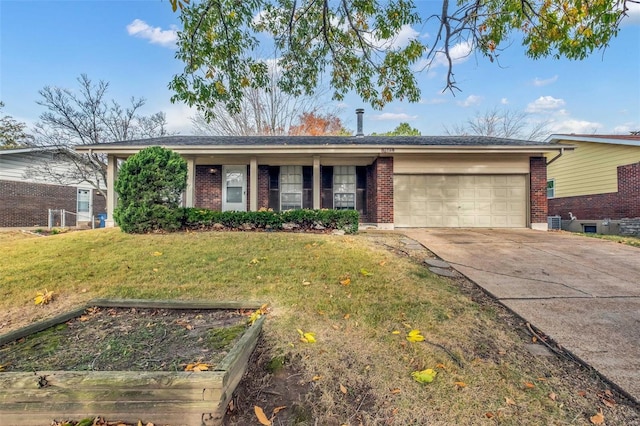 ranch-style house with a front yard and a garage