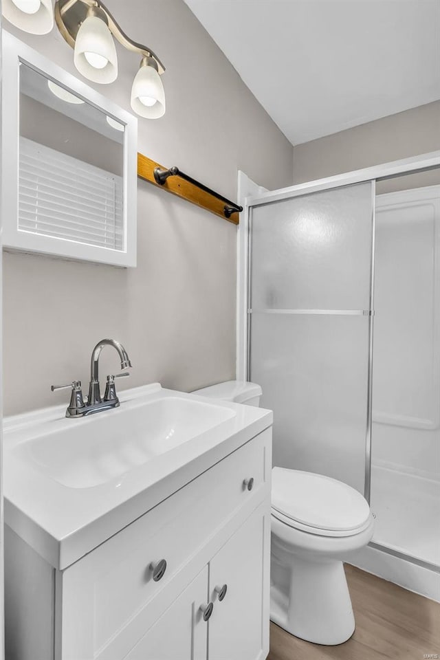 bathroom featuring toilet, vanity, a shower with shower door, and hardwood / wood-style flooring