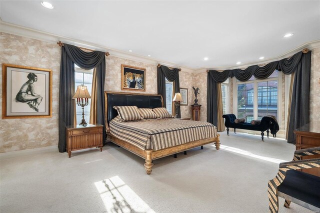 bedroom featuring carpet flooring and crown molding