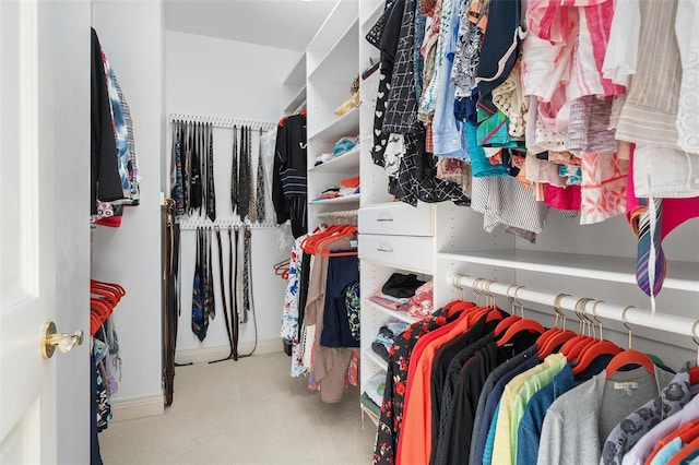 walk in closet with light colored carpet