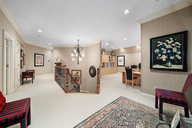 hallway featuring ornamental molding, light carpet, and a chandelier