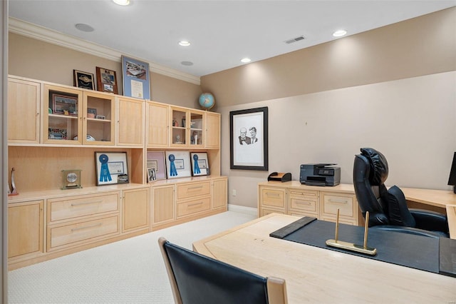 office with light colored carpet and ornamental molding