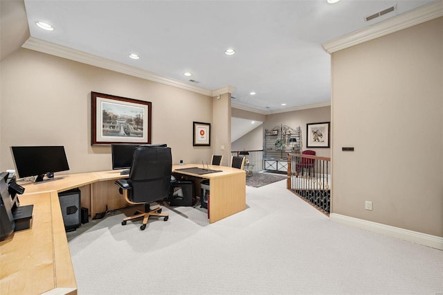 carpeted home office with crown molding